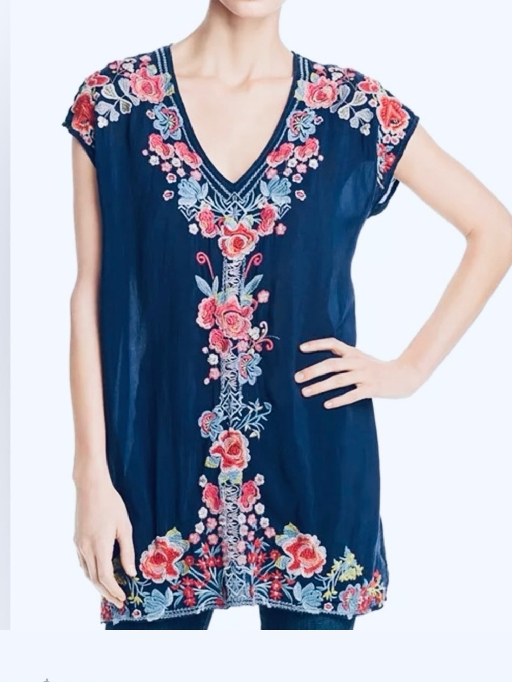 John Mark Navy & Red Floral Embroidered V-Neck, Cap Sleeve Tunic, XL